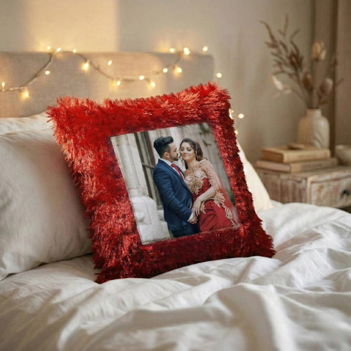 Red Fur Customizable Photo Cushion